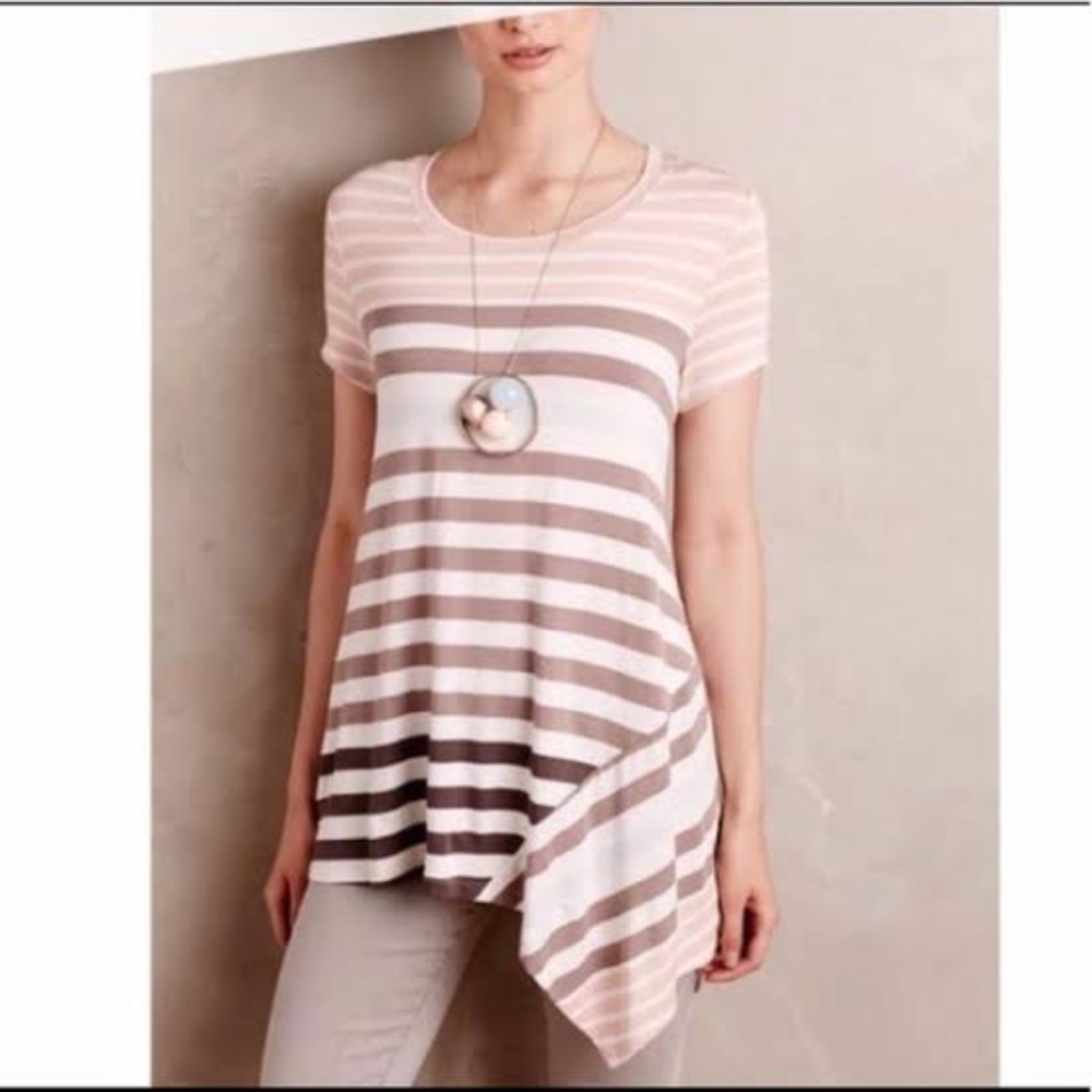 Anthro Little Yellow Button M Striped Assymetric Tee